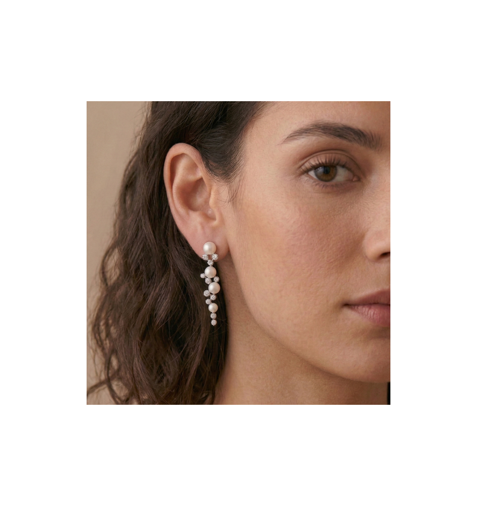 Pendientes plata de ley perla y circonitas 14842