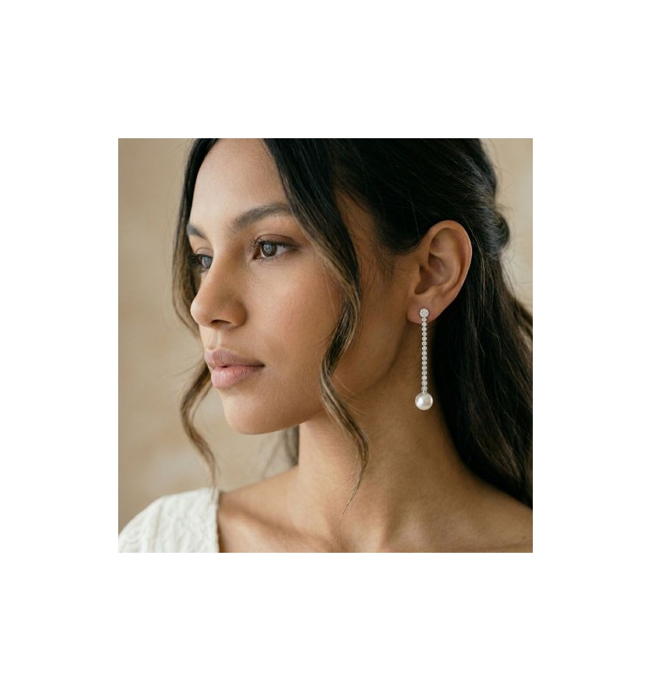 Pendientes plata de ley perla y circonitas 19820PE