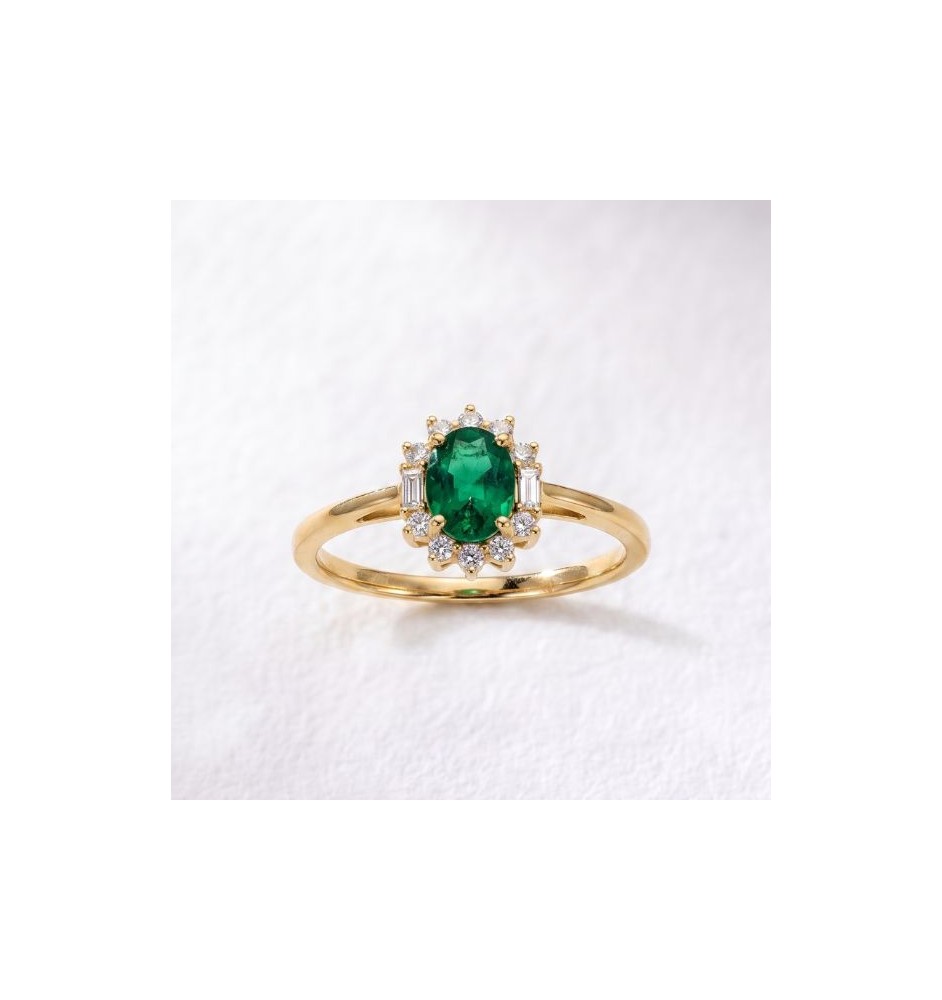 Anillo de compromiso en oro , esmeralda y diamantes 106322EB